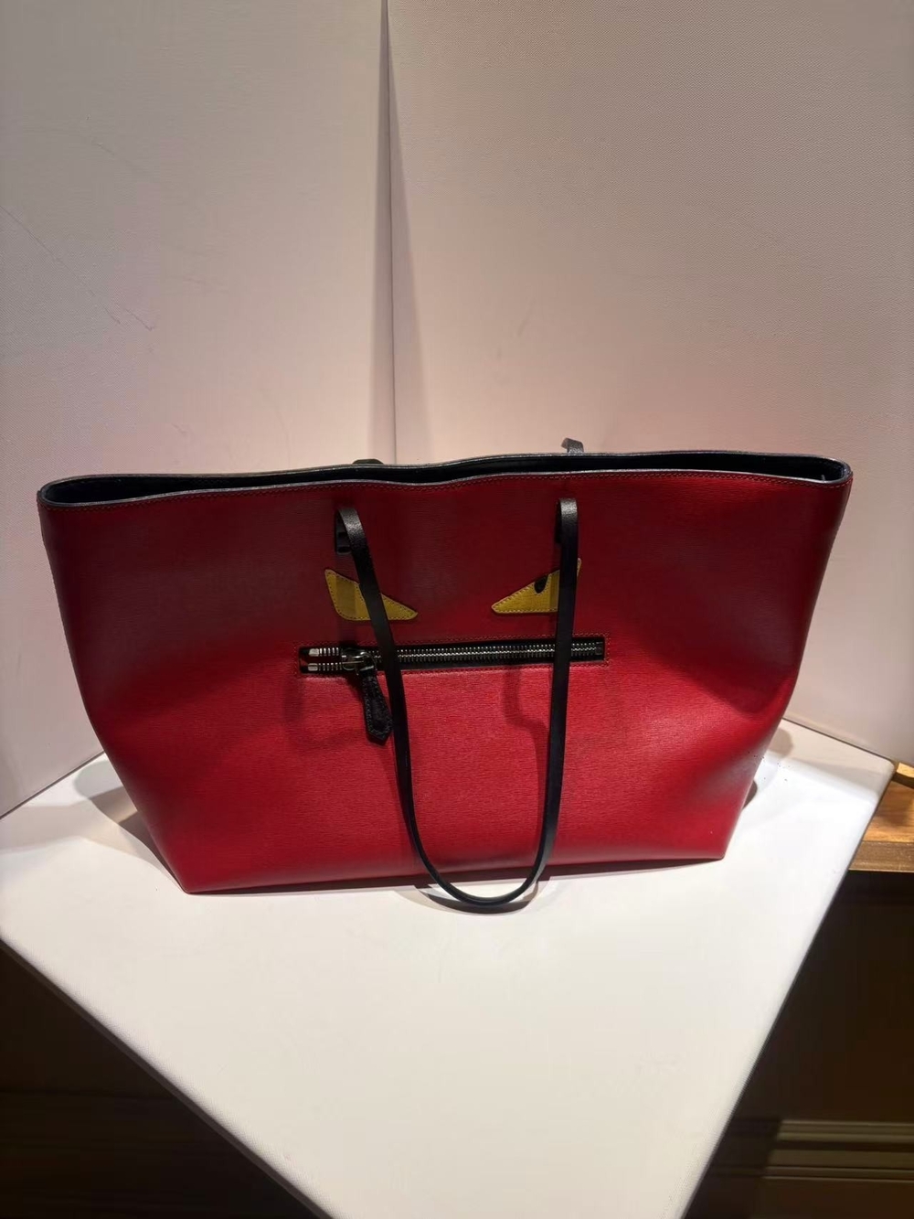 Red Leather Tote Bag with Eye Accent - Designer Style